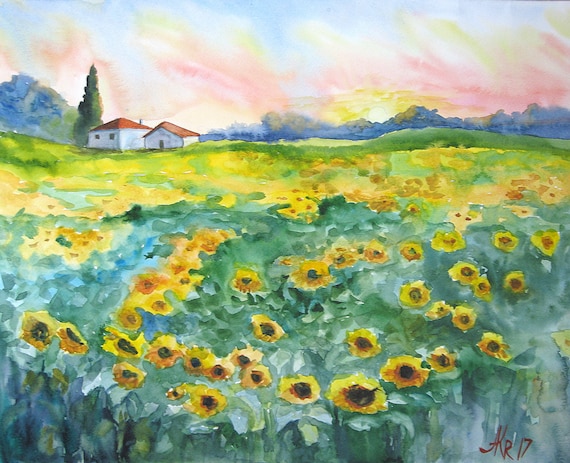 Yellow Sunflowers Original landscape watercolor Sunflowers