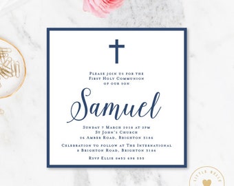 Boy First Holy Communion Invitation Printable / Boy First Holy Communion Invite / Cross / Navy