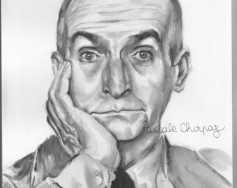 Portrait of Louis de Funes watercolor (reproduction)