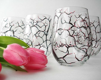 Spring Cherry Blossom Stemless Wine Glasses - Set of 4 Hand Painted Glasses - Mothers Day Gift