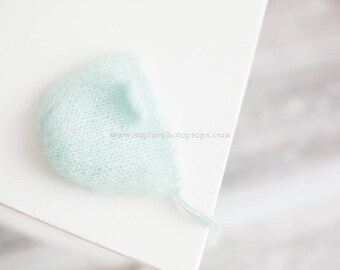 Mint green mohair newborn bonnet, photography prop