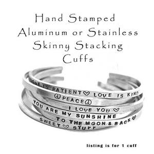 Hand Stamped Aluminum Cuff Bracelet Stainless Steel Skinny Hammered Stacking Cuffs Customized Personalized Jewely Engraved Mantra Bracelet