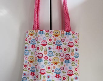 Great bag for library or Tote Bag with owls and two handles rembourees fabric