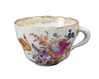 Vintage Meissen Porcelain Floral Tea Coffee Cup - Gold Rim - Cafe au Lait Petit Dejeuner - German Meissen Porcelain China