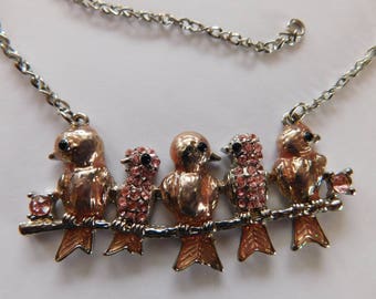 Birds on a Branch Rhinestone Necklace Pink/Peach Colors Costume Jewelry ADORABLE