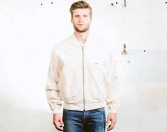Men's BOMBER Jacket . Vintage 90s Beige Aviator Flight Jacket Lightweight Pastel Coat 90s Grunge Outerwear . size Large