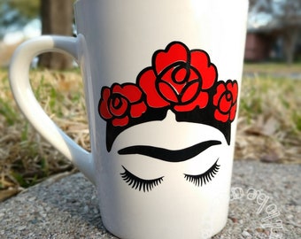 Frida Kahlo Ceramic Coffee Mug Cup, Red Flowers