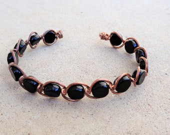 Copper Wire Wrapped Black Beaded Cuff Bracelet By Distinctly Daisy