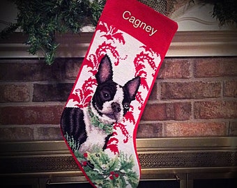 Boston Terrier dog stocking, Christmas stocking, Dog stocking, Personalized Christmas stockings, Boston Terrier needlepoint stocking