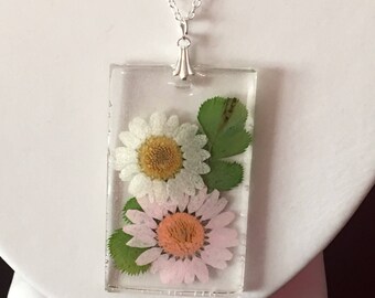 Pastel pink and white pressed flower necklace