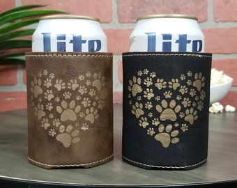 Paw Print Heart Leather Insulated Beverage Sleeve Cozie- Benefits Animal Rescue Efforts