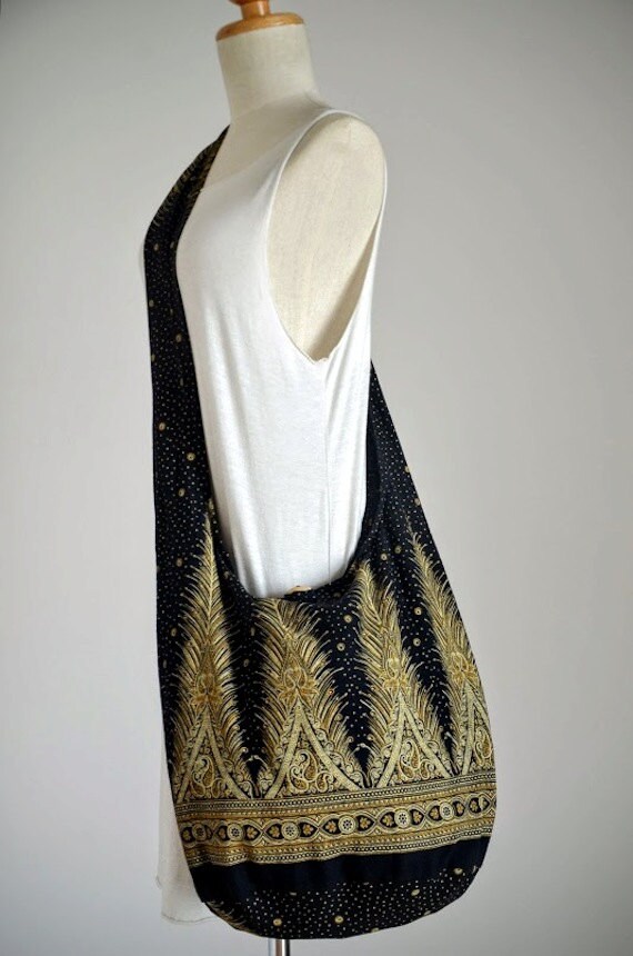 Black Peacock Tail with Small Paisley Crossbody Bag Boho Hobo
