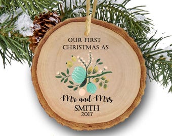 Rustic First Christmas as Mr & Mrs Ornament Our First Christmas Married Ornament Newlywed Christmas Ornament Wedding Ornament Wood Slice