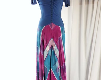 1940s rayon dress/ 40s teal blue rayon and plaid taffta evening gown xxs xs