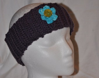 Women's Ribbed Purple Ear Warmer with Blue Flower