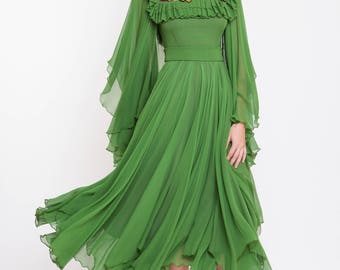 Silk chiffon midi dress with handmade embroidery