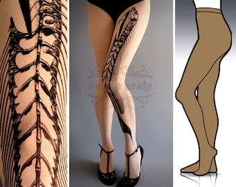 L/XL Fish Bone tattoo tights / stockings / full length / pantyhose / nylons Cafe Latte
