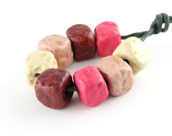 Ceramic Beads Cube with rough print 10 mm Set of 8 beads in ombre pink tones 2 mm hole ErikMakesBeads