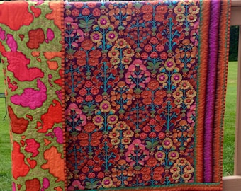 Hand quilted Lap quilt, throw quilt with Kaffe Fassett fabric, Flying Carpet quilt, bohemian decor, modern quilt