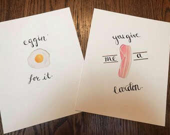 Breakfast In Bed Set, Bacon and Eggs, 2 8x10 Watercolors with Handlettering