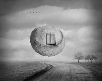 Flying Stone, Digital Download, Surreal Art, Surreal Photography, Black and White Photography