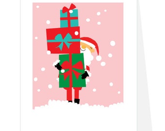 Holiday Cards Santa with stack of presents set of 4 Note Cards pale pink