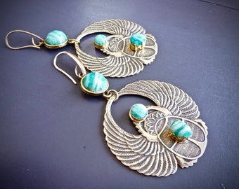 Hoop earrings "Bohemian - Art - Deco: Egyptian Revival scarab Amazonite Russian"