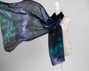 Soft blue green silk scarf / Evening chic silk scarf / boho blue scarf / Blue and emerald silk scarf for women / scarves for women