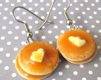 Pancake Dangle Earrings, Food Jewelry, Food Earrings, Miniature Pancakes, Flapjacks, Hot Cakes, Titanium Earrings or Stainless Steel