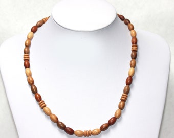 Vintage WOOD BEADS Necklace with clasp Oblong & Disc Shaped Wooden Beads