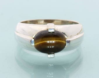Golden Brown Tigers Eye Handmade Sterling Silver Gents Solitaire Ring size 10