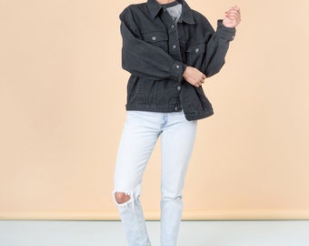 BLACK DENIM JACKET oversize jean vintage women 90S basics coat / Large Extra Xl