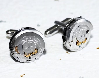 TISSOT Men Steampunk Cufflinks - RARE Luxury Swiss 21 Jewels Silver AUTOMATIC Vintage Watch Movement - Men Steampunk Cufflinks Cuff Links