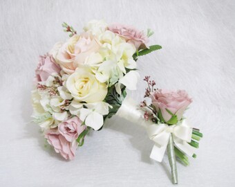 Set of 2 Pieces Blush Roses Wedding Bouquet, Blush Color Floral Bouquet, Blush Boutonniere, Peach Wedding Flower Bouquet, Rustic Bouquet