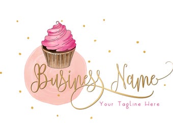 DIGITAL Custom logo design, watercolor cupcake bakery logo design, pink cupcake logo, bakery sweets logo design, business logo design