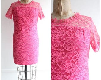 Vintage 1960's Hot Pink Lace Mini Dress Vintage mini dress mod dress gogo sixties mini dress lace dress pink mad men goodwood revival UK 10