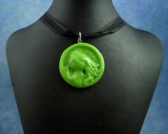Bright Green Cthulhu Cameo Necklace, Polymer Clay Lovecraft Jewelry