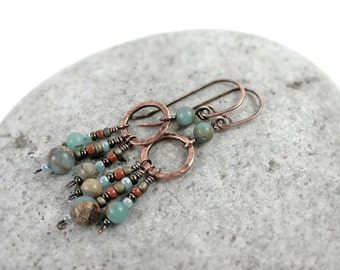Aqua Terra Jasper Dangle Earrings, African Blue Opal, Copper Hoop Earrings, Sterling Silver, Gemstone Earrings, Boho Earrings, Gift for Her