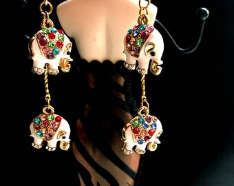 Dangle Elephant earrings, Multi colored Rhinestone Tiny Elephant Earrings. Elephant Jewelry, Animal Jewelry-B004