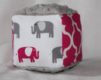 New! Small Pink and Gray Elephants Fabric Block Rattle Toy - SALE