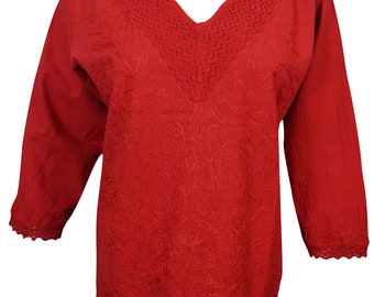 Womens Peasant Blouse Top Red  Lace Work Embroidered Cotton Comfy Summer Tops M