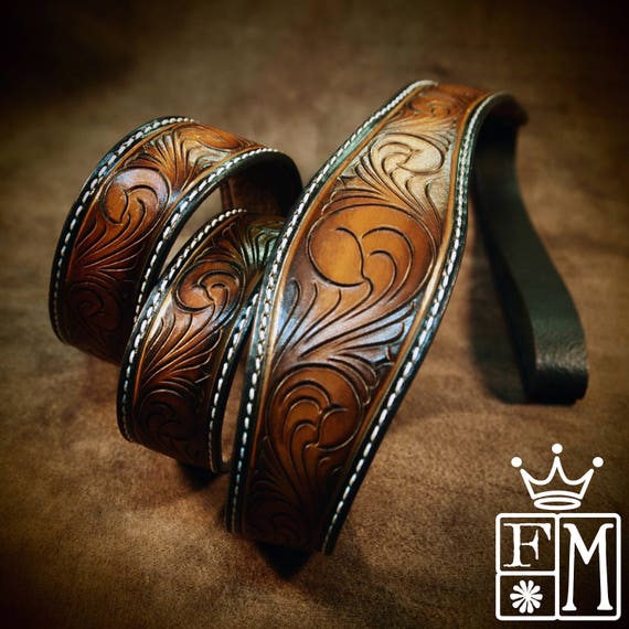 Leather mandolin F5 strap Hand tooled, Hand dyed sunburst Custom made for YOU in Brooklyn by Freddie Matara!