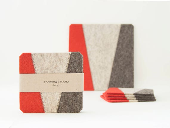 Set of felt coasters / square coasters / grey and orange / modern home design / wool felt / gift idea / made in Italy