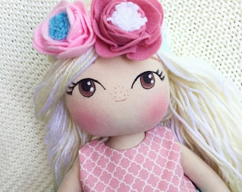 Cute Cloth Doll - Fabric Doll with Wool Hair - Blonde Doll - Girl Gift Idea - The Garden in Bloom Collection - Blushing Rag Doll