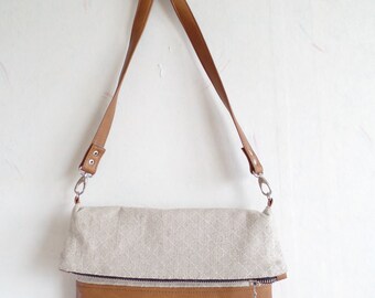 Crossbody leather bag, Geometric cross body bag, Foldover crossbody bag, Linen crossbody purse,