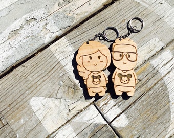 Personalized Wood Engraved Character Keychains (2 Pairs) - Kawaii Cute Anniversary Gift Wedding Key Chain Ring