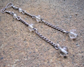Eco-Friendly Shoulder Duster Dangle Earrings for Pierced Ears - Free & Clear - Recycled Vintage Chain and Graduated Clear Glass Beads