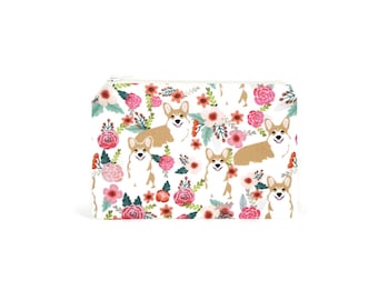 CHOOSE SIZE Corgis in the Garden Zipper Pouch / Corgi Gift / Welsh Corgi Camera Bag on Cream / Make Up or Coin Pouch