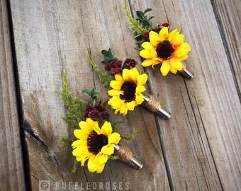 Sunflower Boutonniere, Burgundy Sunflower Boutonniere, Bullet Shell Boutonniere, Rustic Sunflower Boutonniere