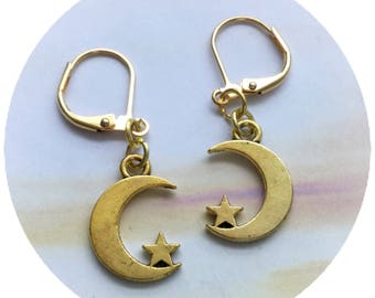 Gold Crescent Moon earrings, crescent moon and star, sold per pair (leave qty as 1)